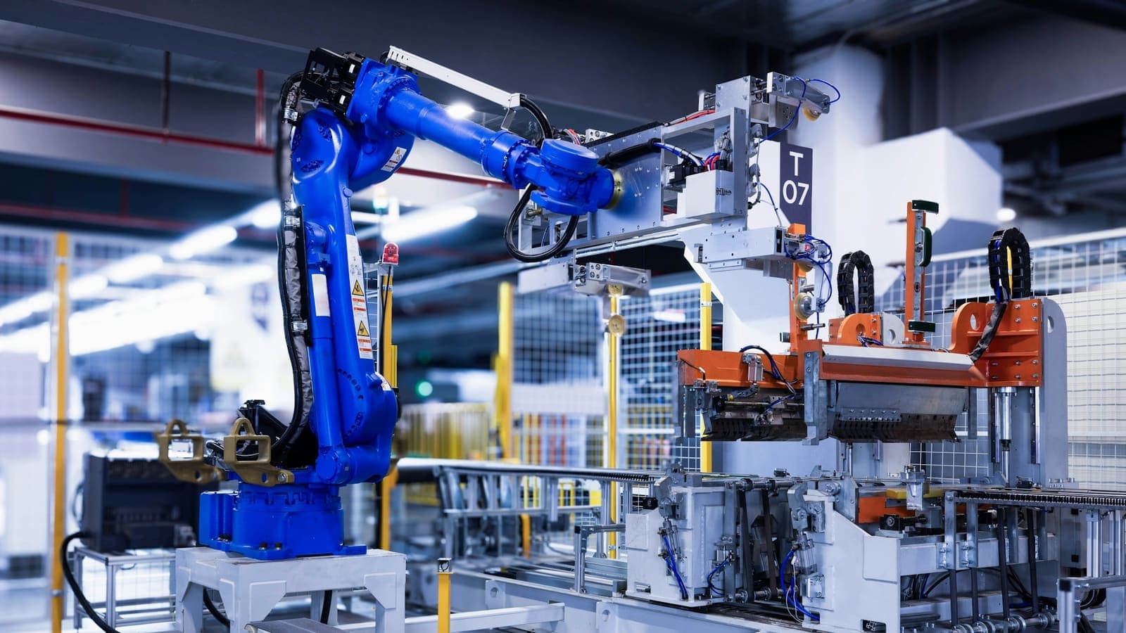Un bras robotisé industriel bleu dans un atelier d'usine
