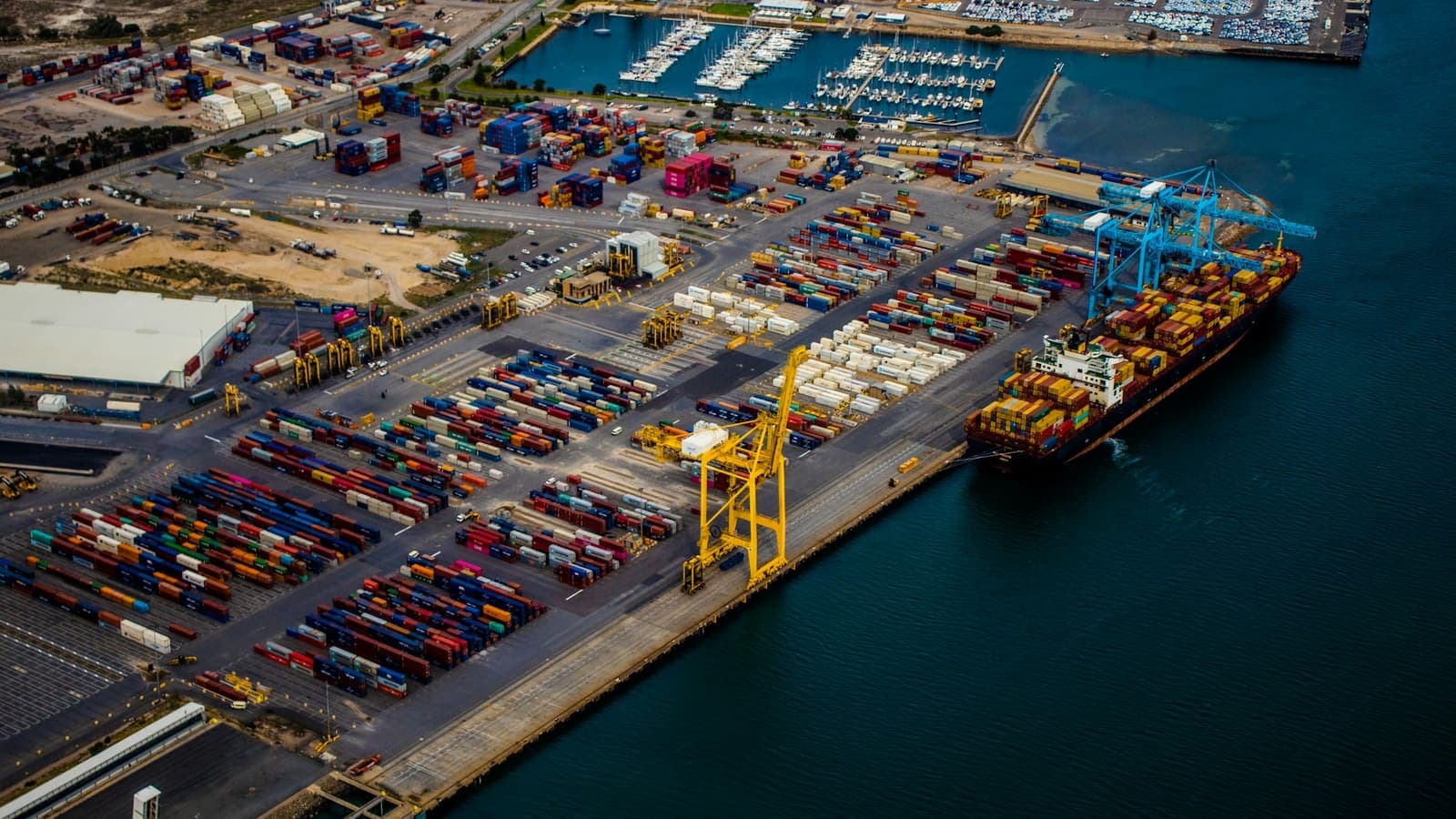 A container ship docked at a port