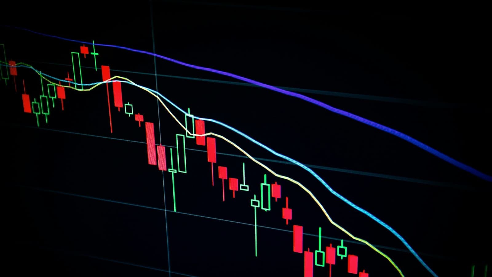 A volatile candlestick chart glowing on a dark trading screen