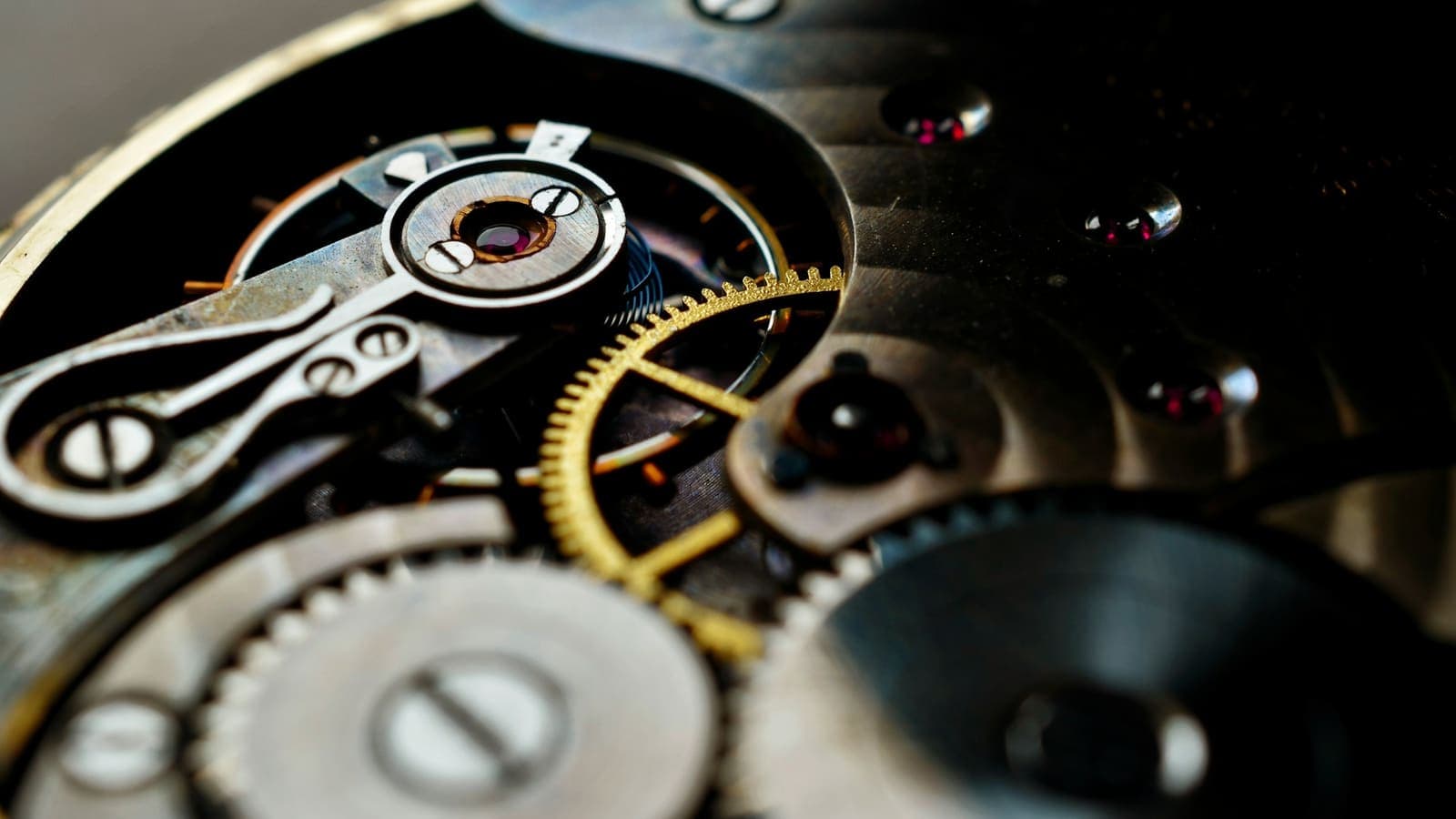 Macro view of a watch movement with its gears exposed